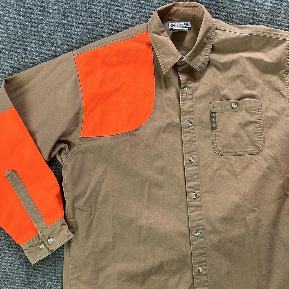 Columbia Shirt Men Medium Brown Orange RHT Shooting Upland Hunting Button Down